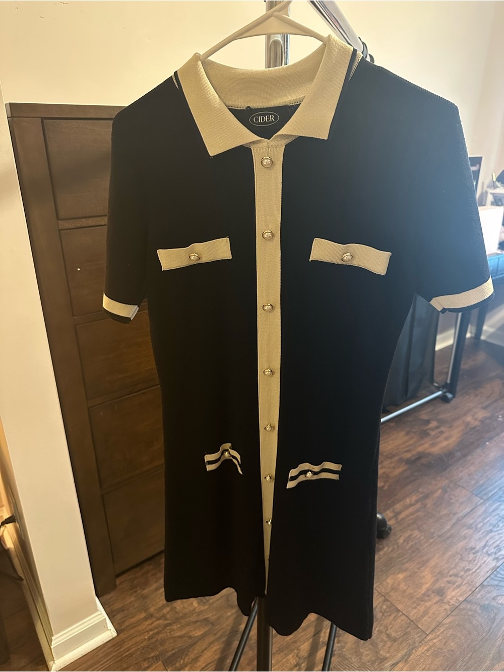 Cider Black Dress with Cream Trim and Pearl Buttons